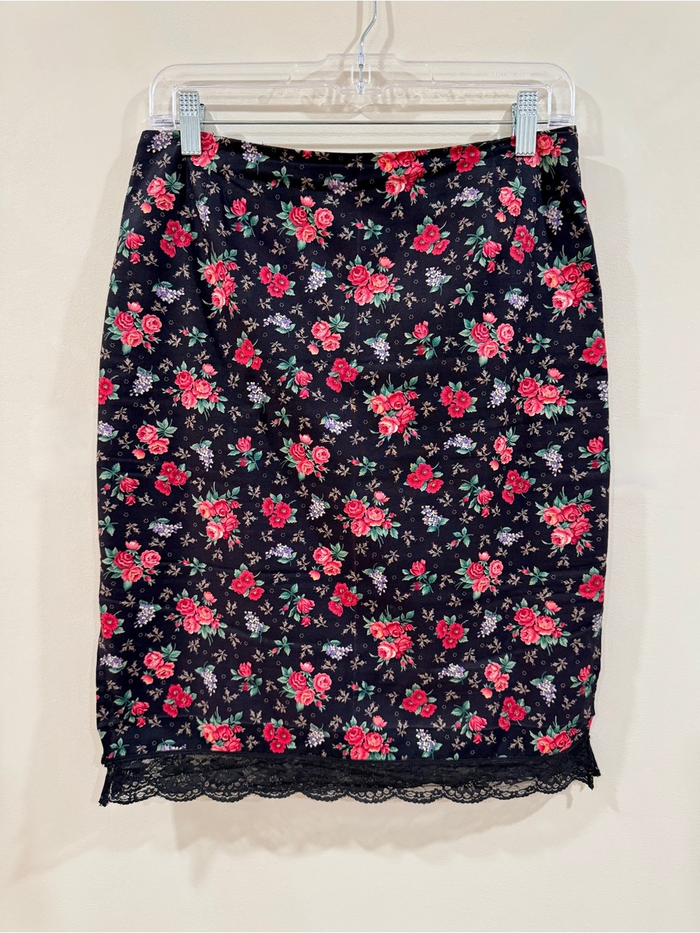 Blk Floral Rose Print Lace Trim Pencil Skirt Side Slits Y2K Romantic Coquette M